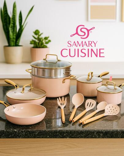 Bateria de ceramica Dore 15 piezas, apto para todo tipo de estufas, tapas de vidrio templado. lleva de regalo 5 utensilios de silicona, apto para todo tipo de estufas como gas, eléctrica, inducción y vitrocerámica. También apta para el horno. Incluye olla vaporera, Pocillos y sartenes