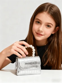 Children's New Stone Texture Pearl Handbag, Holiday Gift, PU Leather Crocodile Pattern Fashion Small Bag, Princess Stylish Coin Purse, Mini Lipstick Bag, Gold/Silver Small Bag - one-size - View 7