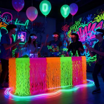 1ชิ้น ผ้าปูโต๊ะมีดโค้งสีนีออน 75*275ซม., ผ้าปูโต๊ะพลาสติกแบบใช้แล้วทิ้งสำหรับงานปาร์ตี้, งานเลี้ยงวันเกิด, ปาร์ตี้ดิสโก้