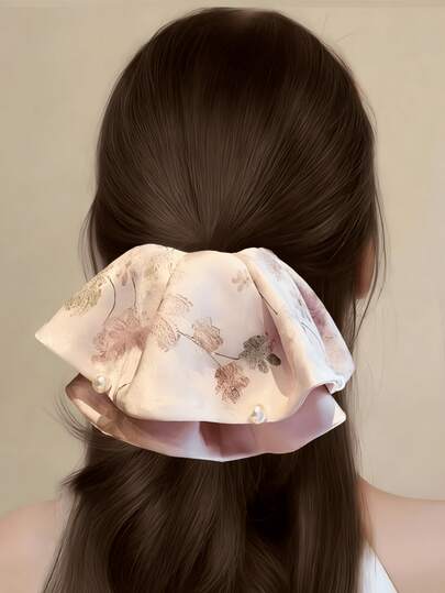 Fashionable And Exquisite Women's Hair Clip, Elegant And Stylish Holiday Gift, Multi-Layer Pink Fabric Hair Clip, Women's Hairstyle Accessory, Chinese Style Pink Printed Pearl Hair Clip, Simple And Sophisticated Half-Bun Hairstyle, Ponytail Hair Accessory Hair Clip, Autumn/Winter Atmosphere Women's Hairstyle Accessory, Suitable For Daily Life, Gatherings And Vacations, Best Gift For Friends And Family.