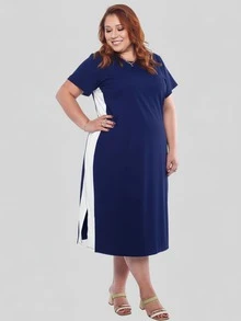 Women's Plus Size Cotton Dress With Side Stripe, Casual, Loose Fit, Comfortable, Sizes 50 To 56 - Màu xanh hải quân - Xem 4