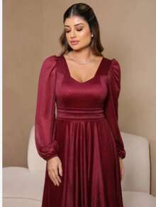 Long Dress Puff Sleeve Graduation Party Wedding Bridesmaid Guest - Redwood - View 3