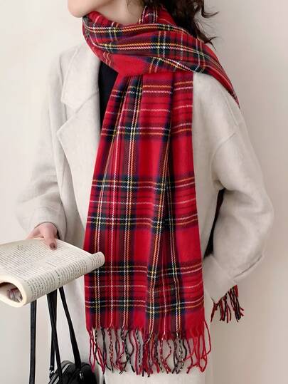 1 Pc Red Checkered Christmas Scarf For Autumn And Winter High-End Korean Atmosphere Fashionable And Versatile Thick Shawl New Year Scarf Christmas Gift Red Scarf