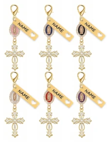 Personalized Christian Cross Keychain, Engraved With Your Name, Decorated With Pearls And Diamonds - Cross Keychain, Bag Charm, Cross Pendant, Wallet Backpack Decor, Earphone Case Accessory, Keyring Decoration - Multicolor - View 2