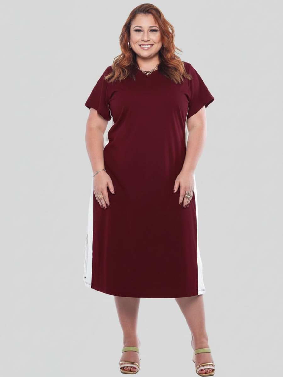 Women's Plus Size Cotton Dress With Side Stripe, Casual, Loose Fit, Comfortable, Sizes 50 To 56 - Redwood - View 1