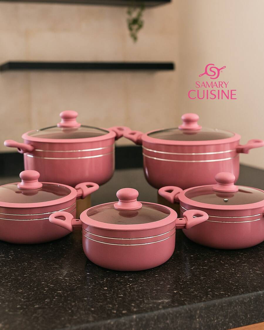 Juego de ollas de ceramica con tapas irrompibles y sensor termostato que enciende cuando esta caliente, Incluye 5 ollas desde 2.5 hasta 8 lts reforzadas y aptas para todo tipo de estufas incluidas gas, eléctrica, inducción y vitrocerámica - Rosa - Ver 1