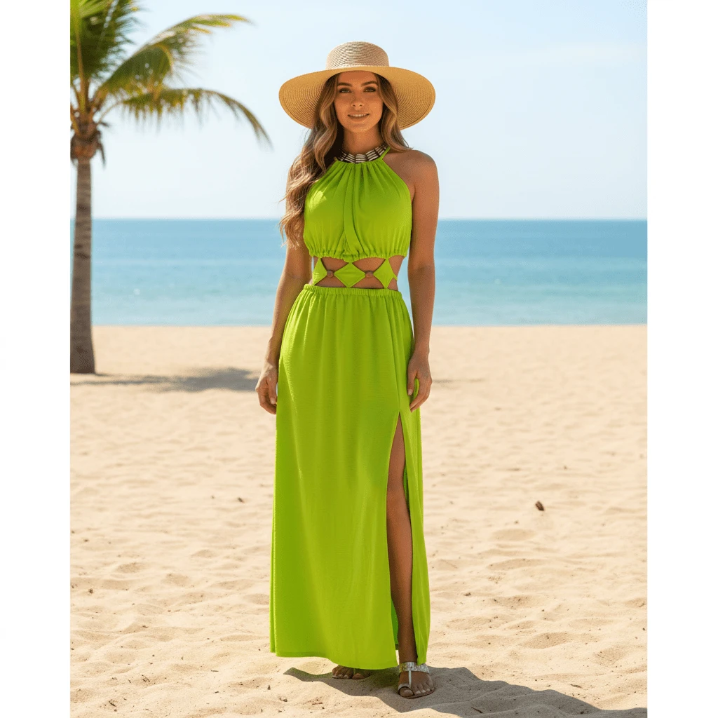 Women's Long Dress With Cutouts And Side Slit, Elegant And Premium Finish. Long Dress With Two Neckline Styles And Side Slit. Features Cutouts, A Slit, And A Tie At The Neckline. Elegant, Casual, Party, Split Fabric, Side Opening, Bare Back, Drawstring Tie. 2-In-1. Suitable For: Beach, Night, Garden, Photoshoot, Street, Birthday Party, Stage And Concert, Bachelorette Party, Travel, Vacation. - 青檸色 - 查看 1