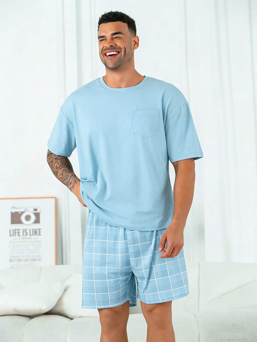 2pcs/Set Piyama Pria Ukuran Besar Kasual Longgar Motif Kotak-kotak Lengan Pendek dan Celana Pendek, Cocok untuk Musim Semi/Panas - Baby Blue - View 1