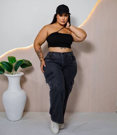 wid leg cargo plus size grafite marmorizada SUPER LANÇAMENTOOO