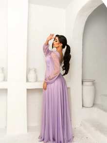 Long Dress Puff Sleeve Graduation Party Wedding Bridesmaid Guest - Lilac Purple - View 2