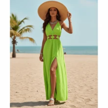 Women's Long Dress With Cutouts And Side Slit, Elegant And Premium Finish. Long Dress With Two Neckline Styles And Side Slit. Features Cutouts, A Slit, And A Tie At The Neckline. Elegant, Casual, Party, Split Fabric, Side Opening, Bare Back, Drawstring Tie. 2-In-1. Suitable For: Beach, Night, Garden, Photoshoot, Street, Birthday Party, Stage And Concert, Bachelorette Party, Travel, Vacation. - 青檸色 - 查看 3