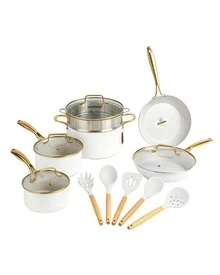 Bateria de ceramica Dore 15 piezas, apto para todo tipo de estufas, tapas de vidrio templado. lleva de regalo 5 utensilios de silicona, apto para todo tipo de estufas como gas, eléctrica, inducción y vitrocerámica. También apta para el horno. Incluye olla vaporera, Pocillos y sartenes - Blanco - Ver 2