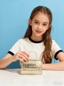 Children's New Stone Texture Pearl Handbag, Holiday Gift, PU Leather Crocodile Pattern Fashion Small Bag, Princess Stylish Coin Purse, Mini Lipstick Bag, Gold/Silver Small Bag - one-size - View 8