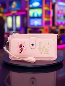 1 pieza Cartera larga de Minnie Mouse - Portacartas de gran capacidad con múltiples ranuras, con correa para el hombro, bolsillo con cremallera, diseño de estampado de dibujos animados, adecuado para uso diario - Multicolor - Ver 7