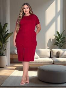 Vestido Feminino Plus Size  Evangélico Algodão Elegante Casual Com Bolsos E Fenda Mais Vendidos G1 G2