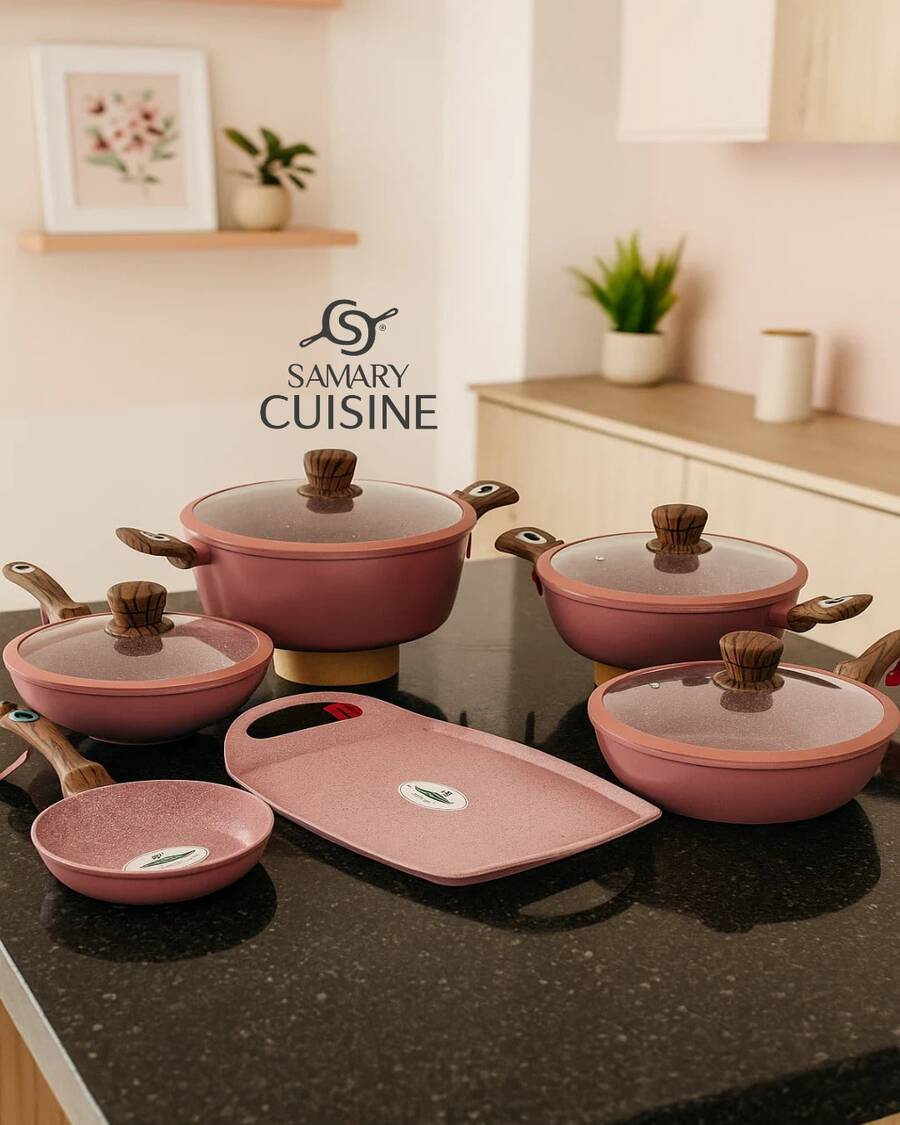 Batería Tanya 10 piezas recubrimiento de cerámica premium y tapas irrompibles, No se pega la comida, Incluye olla de 7.2 L perfecta para caldos, sartén wok 28 cm perfecto para guisos o saltear verduras, arrocera 28 cm perfecta para arroz, sartén de 26 cm con tapa y sartén 20 cm para huevos y comal rectangular para tortillas, milanesas y más - Rosa - Ver 1