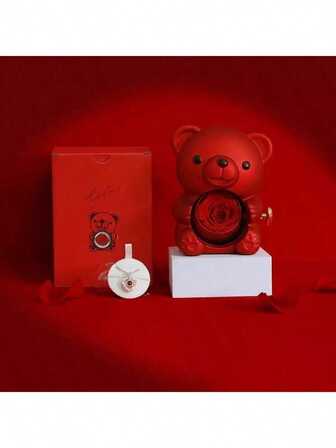 1PC Valentine's Day Rose Hugging Bear Gift Box Creative Rotating Rose Jewelry Box Red Soap Flower Gift Box Necklace Storage Ring Women's Gift Box (Jewelry Not Included)