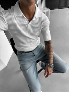 男士纯色纹理罗纹针织短袖 Polo 衫，休闲户外服饰 - 白色 - 查看 5