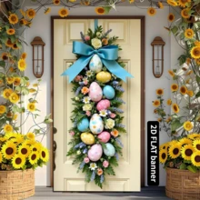2D Flat Easter Door Banner, Polyester - Vertical Hanging Banner With Pastel Eggs And Blue Ribbons, Multipurpose Indoor/Outdoor Decor, Suitable For Events And Parties, No Electricity Required
