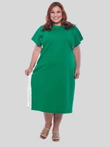 Women's Plus Size Cotton Dress With Side Stripe, Casual, Loose Fit, Comfortable, Sizes 50 To 56 - 綠色 - 查看 1