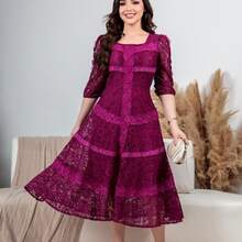 Women's Midi Dress With Lace, 3/4 Sleeves, And A Flared Skirt, Elegant For Parties And Weddings. - Gỗ đỏ - Xem 4
