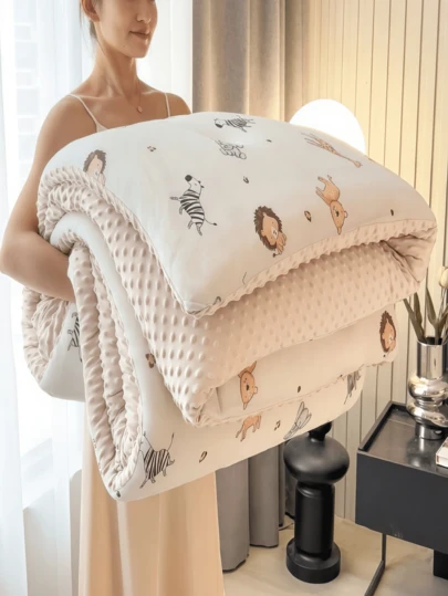 1pc Cartoon AB Version Velvet Dotted Quilt, Comfortable Quilted Comforter, All Season Down Alternative Filling Bedding, With Corner Buckles Warm & Soft Quilted Puffy Blanket, Suitable For Bedroom, Guest Room, Super Soft Fiber Bedding