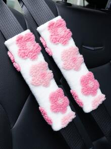 3pcs/2pcs Car Interior Package Flower Plush Winter Car Steering Wheel Cover And Seat Belt Shoulder Cover Anti Slip, Warm, Cute, Personalized, Four Season Universal