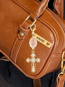 Personalized Christian Cross Keychain, Engraved With Your Name, Decorated With Pearls And Diamonds - Cross Keychain, Bag Charm, Cross Pendant, Wallet Backpack Decor, Earphone Case Accessory, Keyring Decoration - Multicolor - View 6