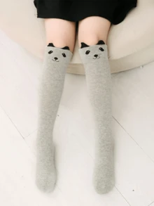 Girls' Knee High Socks, Animal Striped Children Long Socks, Fox, Black Cat Thigh High Stockings - Grey - View 3