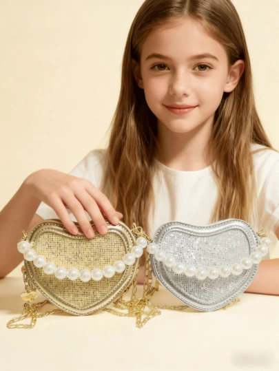 New Sequin Heart Shape Mini Handbag For Girls, Fashion Princess Style Shoulder Bag, Holiday Gift, Cute Beaded Purse In Gold & Silver Colors