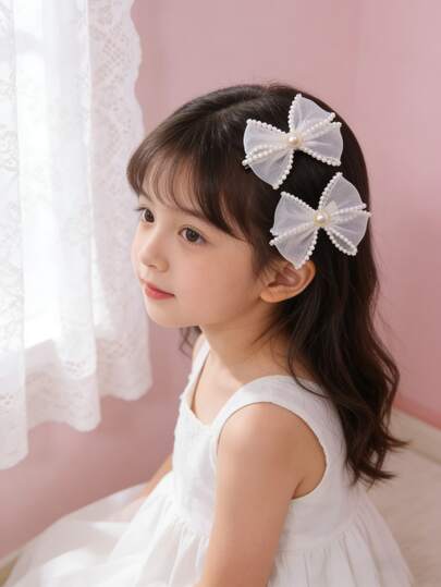 2pcs Wedding Season Tulle Faux Pearl Bow Hair Clips, Cute And Hair Accessories, Colorful And Fashionable, Suitable For Daily Wear, Wedding Parties, Back To School Gifts, Birthday, Christmas, New Year Party Gifts