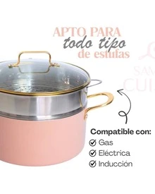 Bateria de ceramica Dore 15 piezas, apto para todo tipo de estufas, tapas de vidrio templado. lleva de regalo 5 utensilios de silicona, apto para todo tipo de estufas como gas, eléctrica, inducción y vitrocerámica. También apta para el horno. Incluye olla vaporera, Pocillos y sartenes - Albaricoque - Ver 6