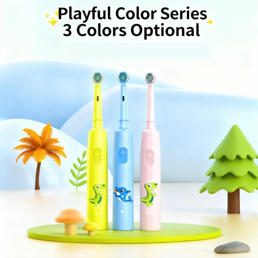 Kids Electric Toothbrush, 3 Colors Available (Blue, Pink, Yellow), Cute Dinosaur & Dolphin Design, Comes With 4 Replacement Brush Heads + Portable Travel Case, Soft Bristles For Gentle Gum Care, Easy To Operate, 600mAh Battery Capacity, Suitable For Home And Travel Use, Great Gift For Christmas, Birthday - Multicolor - View 1