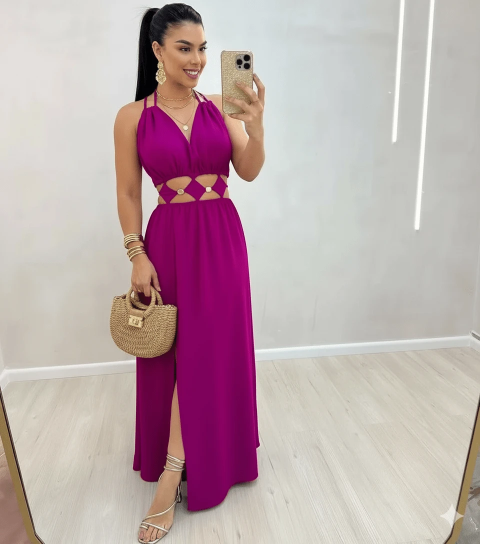 Women's Long Dress With Cutouts And Side Slit, Elegant And Premium Finish. Long Dress With Two Neckline Styles And Side Slit. Features Cutouts, A Slit, And A Tie At The Neckline. Elegant, Casual, Party, Split Fabric, Side Opening, Bare Back, Drawstring Tie. 2-In-1. Suitable For: Beach, Night, Garden, Photoshoot, Street, Birthday Party, Stage And Concert, Bachelorette Party, Travel, Vacation. - 紫紅色 - 查看 1