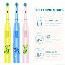Kids Electric Toothbrush, 3 Colors Available (Blue, Pink, Yellow), Cute Dinosaur & Dolphin Design, Comes With 4 Replacement Brush Heads + Portable Travel Case, Soft Bristles For Gentle Gum Care, Easy To Operate, 600mAh Battery Capacity, Suitable For Home And Travel Use, Great Gift For Christmas, Birthday - Multicolor - View 3