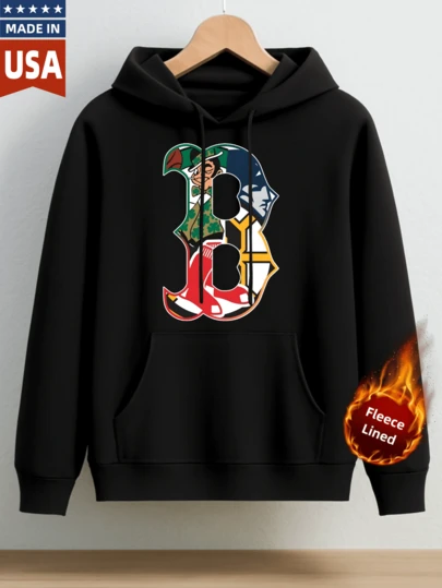 Usa 300g Cotton Men Plus Velvet Hoodie Sweatshirt Unisex Casual Sport Wear For Autumn Winter Season   B Letter Design With Boston Sports Teams Characters Including Celtics Patriots And Red Sox In Colorful Cartoon Style   Comfortable Warm Thick Fabric Ideal For Daily Wear Outdoor Activities And Leisure Time Perfect For Fall And Winter Months