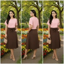 Pleated Midi Skirt With Belt 006 - 鏽棕色 - 查看 2