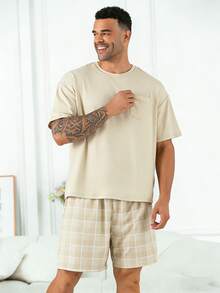 2pcs/Set Plus Size Men's Casual Loose Plaid Short Sleeve T-Shirt And Shorts Pajama Set, Suitable For Spring/Summer - Beige - View 4