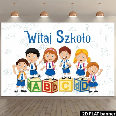 一块2D平面彩色涤纶横幅，适用于返校庆祝派对、开学第一天派对摄影的背景布，也适合悬挂在教室、户外花园围栏、阳台和室内装饰。