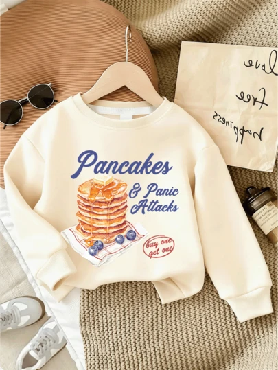 女童卡通煎饼印花圆领卫衣。时尚休闲，适合上学、度假和购物出行。这是一款休闲百搭的春季单品。