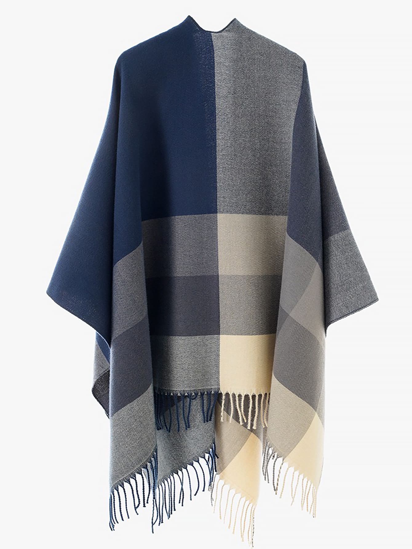1件女士简约条纹撞色格子拼接斗篷披肩外套，休闲户外旅行保暖流苏围巾披肩，适合秋冬季日常穿着 - 藍灰色-B - 查看 1