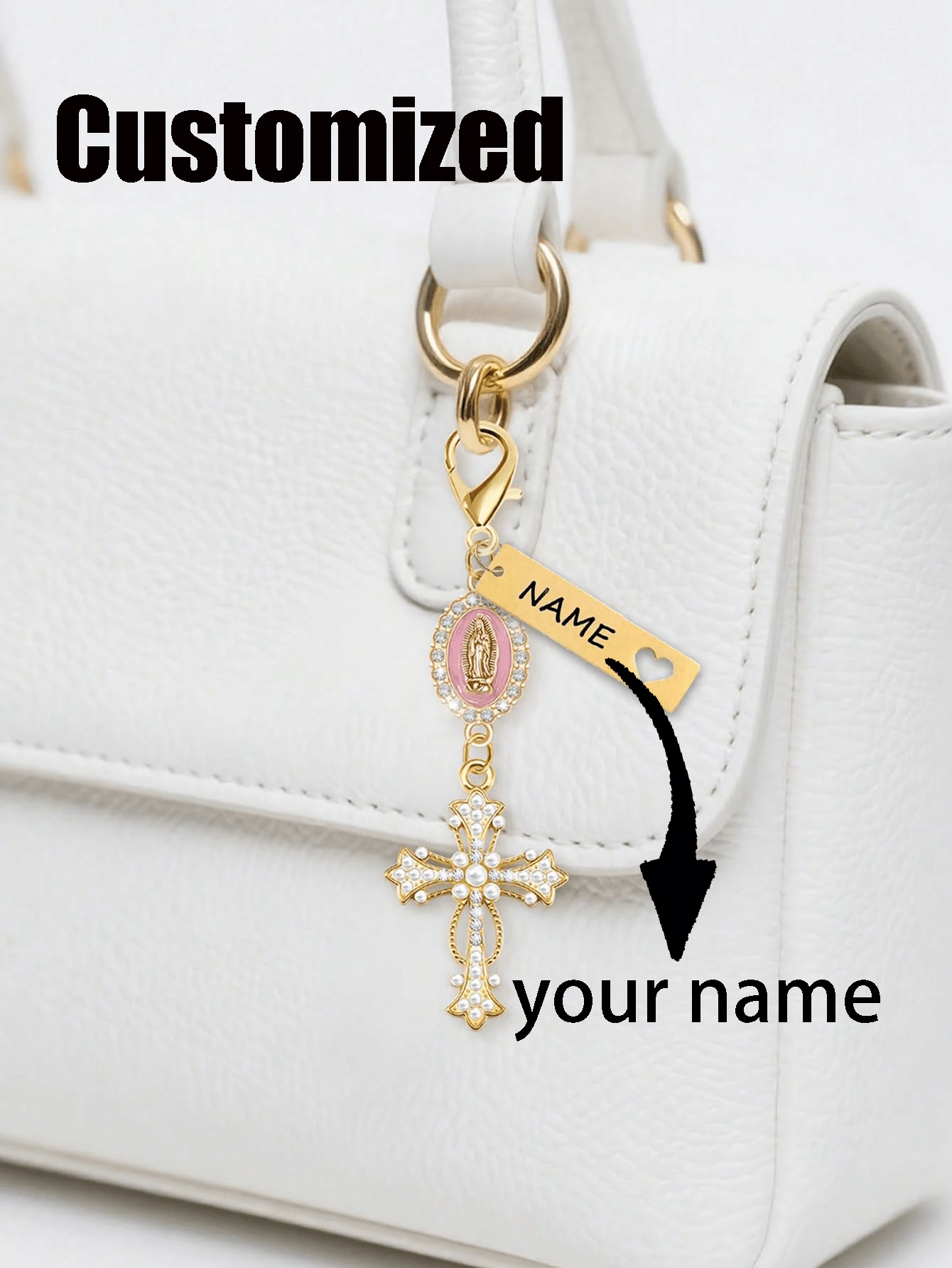 Personalized Christian Cross Keychain, Engraved With Your Name, Decorated With Pearls And Diamonds - Cross Keychain, Bag Charm, Cross Pendant, Wallet Backpack Decor, Earphone Case Accessory, Keyring Decoration - Multicolor - View 1