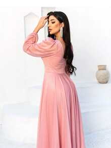Long Dress Puff Sleeve Graduation Party Wedding Bridesmaid Guest - 乾枯玫瑰色 - 查看 2