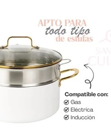 Bateria de ceramica Dore 15 piezas, apto para todo tipo de estufas, tapas de vidrio templado. lleva de regalo 5 utensilios de silicona, apto para todo tipo de estufas como gas, eléctrica, inducción y vitrocerámica. También apta para el horno. Incluye olla vaporera, Pocillos y sartenes - Blanco - Ver 4