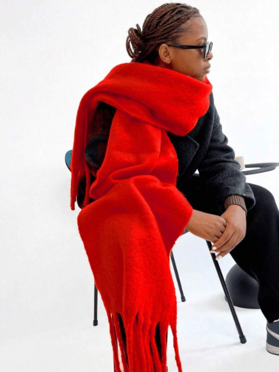 1 chiếc khăn choàng dài mùa đông ấm áp cho nữ, màu đen, khăn choàng quấn dày và to, chăn ấm cỡ lớn có tua rua, khăn choàng dệt kim dày tua rua, khăn quàng cổ màu đỏ, khăn quàng cổ màu trơn, - Đỏ - Xem 1