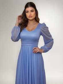Long Dress Puff Sleeve Graduation Party Wedding Bridesmaid Guest - 藍色 - 查看 2