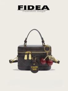 时尚新款女士优雅手提包，盒形包，高品质PU皮革菱形图案设计，带有字母印花和樱桃吊坠，适合外出、购物、约会等各种场合。 - 咖啡 - 查看 2