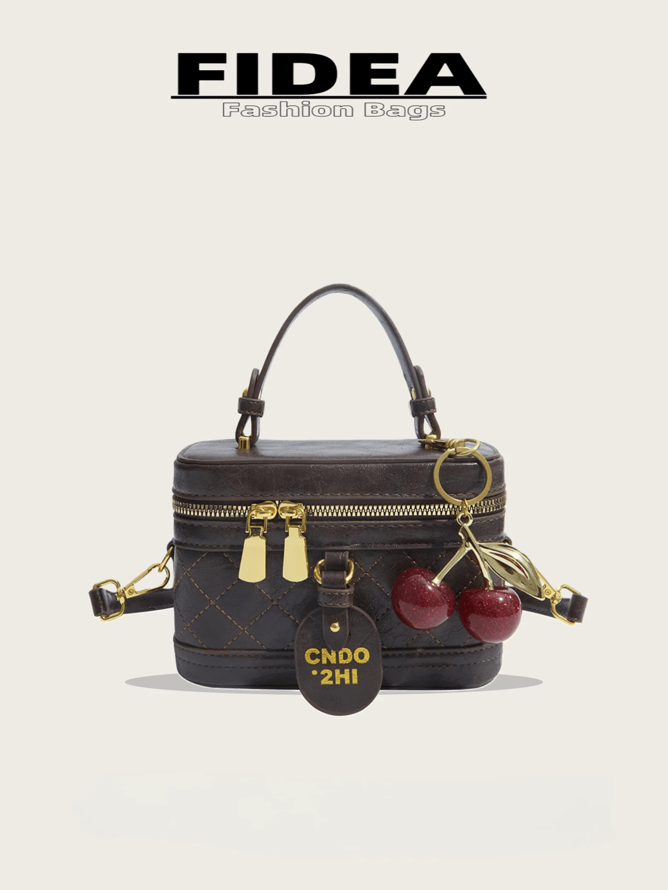 时尚新款女士优雅手提包，盒形包，高品质PU皮革菱形图案设计，带有字母印花和樱桃吊坠，适合外出、购物、约会等各种场合。