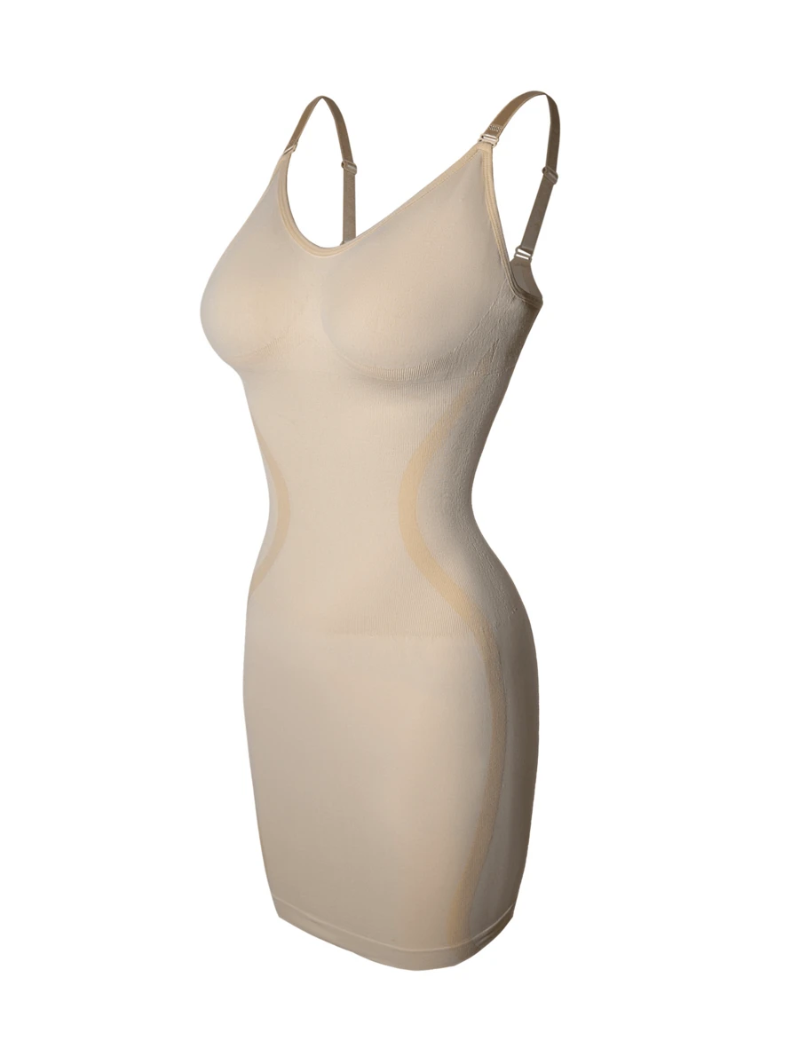 Shapewear Slip Dress, Seamless V-Neck Design, Adjustable Straps, Women's Shaping Underdress - Apricot - View 1