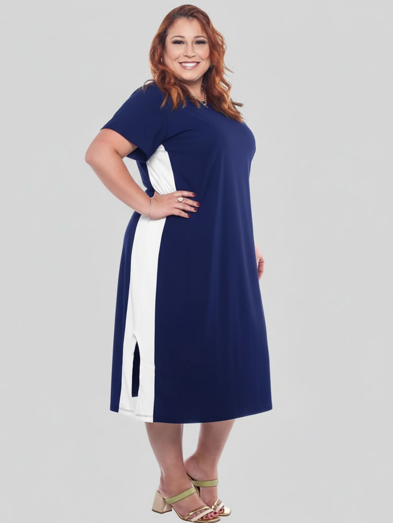 Women's Plus Size Cotton Dress With Side Stripe, Casual, Loose Fit, Comfortable, Sizes 50 To 56 - Màu xanh hải quân - Xem 1